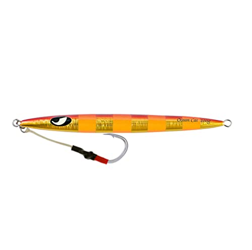 OCEAN CAT Slow Pitch Jig Flat Fall Jig Saltwater Fishing Luers Mental Vertical Jigging Baits with Hooks 5 Colors 4 Weights - color: #011:Red&Gold, size: 14 1/9oz(400g)