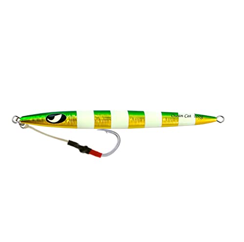 OCEAN CAT Slow Pitch Jig Flat Fall Jig Saltwater Fishing Luers Mental Vertical Jigging Baits with Hooks 5 Colors 4 Weights - color: #012:Green&Gold, size: 17 2/3oz(500g)