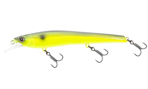 Nomad Design Shikari Fishing Lures, Premium Long-Casting, Shallow Diving, Slow Floating Jerkbait, for Inshore Freshwater Species Such as Bass, to Walleye, to Pike and Musky, 115 SUS FR 4-1/2" 1/2oz - size: 4 1/2" - 1/2oz, style: Chartreuse Black Back