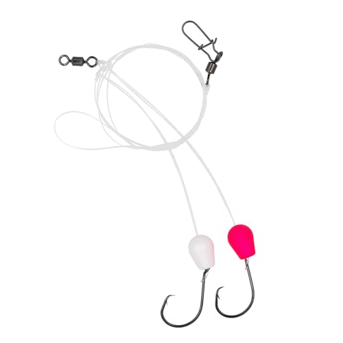 Pompano Surf Saltwater Fishing Rig 6-Pack | Hand-Tied with Mono Leader & Inline Circle Hooks | 2-Drop HI-LO Rig for Redfish Whiting - color: White-Pink, size: 2/0 Circle Hook