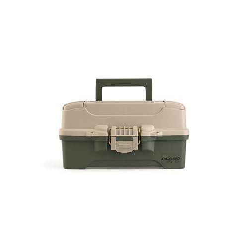 Plano One-Tray Tackle Box, Green/Tan, Rust-Proof Brass Latch, Top-Access Tray with Deep Storage, Made in the USA, Portable Fishing Gear Storage Organizer - color: Green/Tan, size: One-Tray, style: One-Tray