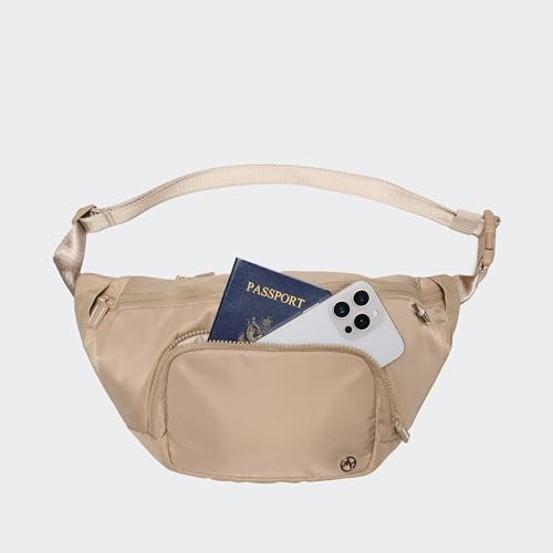Pander Everywhere Belt Bag Crossbody Fanny Pack with Mesh Pockets and Adjustable Strap, 6L / Raw Linen - color: Raw Linen, size: 6L (104cm Strap)