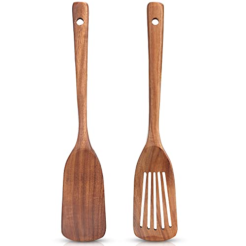 2 Pack Wooden Non Toxic Spatulas for Kitchen Utensils Set Acacia Wood Cooking Spatula Flat Wok Pancake Turner Bamboo Slotted Spoon for Cooking Utensil Spurtle Scraper Long Fish Egg Flipper Spatulas - color: 2Pcs-Natural