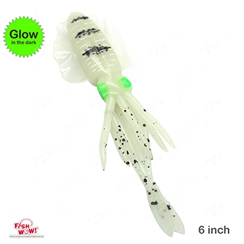 5pcs Chartreuse Glow Fish WOW! 6" Chase Squid Skirt Luminous Realistic Squid Octopus baits 3D Large Eyes Premium Quality Soft Plastic Fishing Lures Green