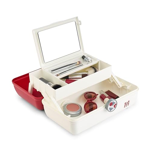 Caboodles School Spirit On-The-Go Girl Makeup Box, Crimson Over White, Hard Plastic Makeup Organizer Box, Built-In Mirror, Secure Latch for Safe Travel, Spacious Storage for Large Items - color: Crimson White School Spirit