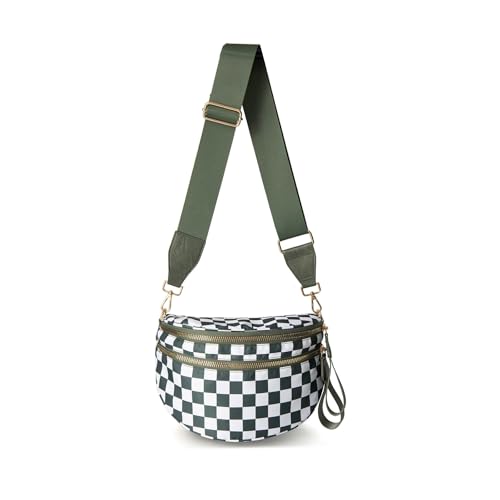 Crescent Crossbody Bum Bag for Women, Large Nylon Sling Belt Bag, Trendy Checkered Fanny Pack, Multi-Pocket Handbags Purses(Checkered - Bean Green) - color: Checkered - Bean Green