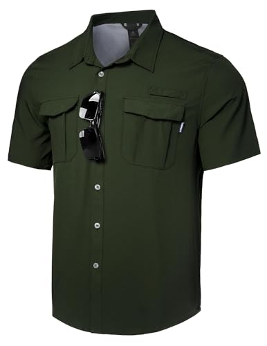 Haimont Men's UPF 50+ Short Sleeve Hiking Button Down Shirt | Quick-Dry Stretch, Mesh Back Vents, Rod Holder & Sunglasses Loops, Outdoor & Travel - color: Army Green, size: Small