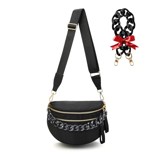 Crossbody Bags for Women, Checkered Bum Bag Crossbody, Spacious Nylon Shoulder Handbag Mom Bag (black+glossy black chain) - color: black+glossy black chain
