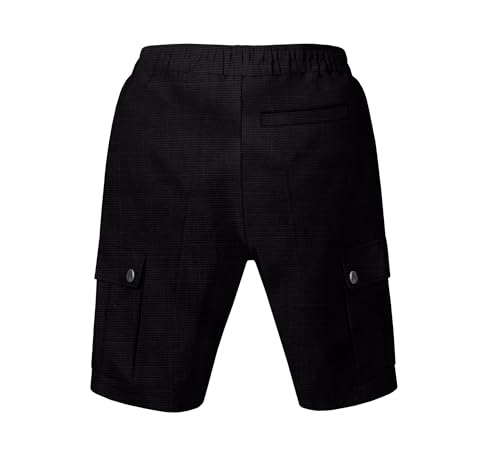 Mens Casual Linen Cargo Shorts Summer Fashion Solid Color Drawstring Elastic Waisted Beach Shorts Pockets - color: Black, size: 3X-Large