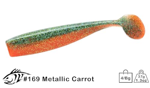 Lunker City Fishing Shaker 6" Swimbait Soft Plastic Bass Lure with Tail Swimming and Wobbling Action Swim Bait, 4 Per Bag, Made in The USA - color: 169 Metallic Carrot