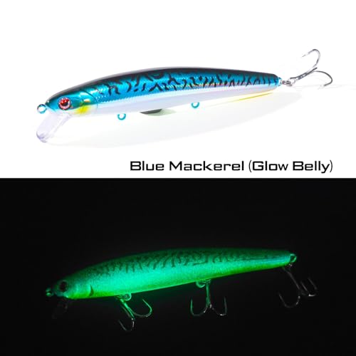 LITTMA California Surf Fishing Lures Saltwater Jerkbait Crankbait Surf Minnow 110/125 - Metallic Sardine Super Glow & Pearl Pink Belly Glow Lures for Halibut & Striper Fishing - color: Blue Mackerel (Glow Belly), size: 110mm - 5/8oz