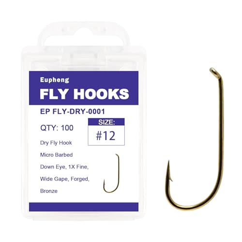 Eupheng Fly Fishing Hooks 100pc Pack Micro Barbed High Carbon Steel Bronze Forged for Dry Flies, Curved Nymphs, Shrimp,Caddis Pupa - color: EP FLY-DRY-0001, size: #12