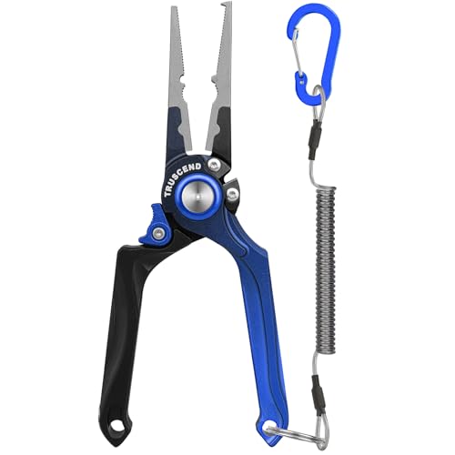 TRUSCEND Easy Use Lockable Fishing Pliers with Tungsten Carbide Cutter, Innovative Ergonomic Handy Handle, Saltwater Corrosion Resistant Teflon Coated Fishing Tool, Light Multi-Function Fishing Gear - color: D2-blue