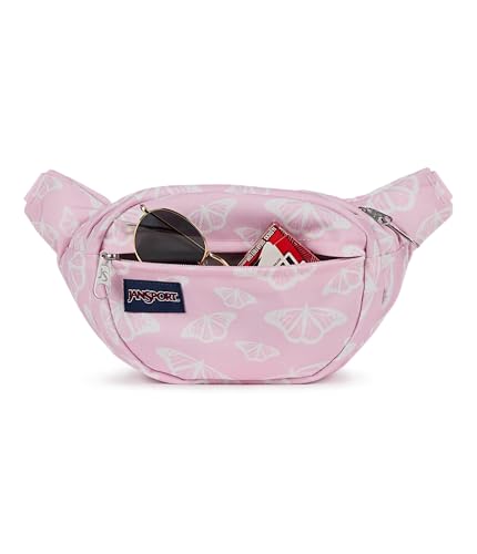 JanSport Fifth Avenue Fanny Pack Crossbody Bags for Women, Men - Stylish, Durable Waist Bag with Adjustable Belt, Main Zippered Pocket, Quick Stash Pocket - Travel Essentials - Black - color: Flutter By Pink Ice