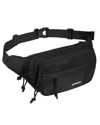 WATERFLY Fanny Pack Waist Packs: Large Crossbody Fanny Packs for Women Men with 5 Zipper Pockets Adjustable Strap Waist Bags Hip Pack for Traveling Cycling Running Hiking-Black - color: Black