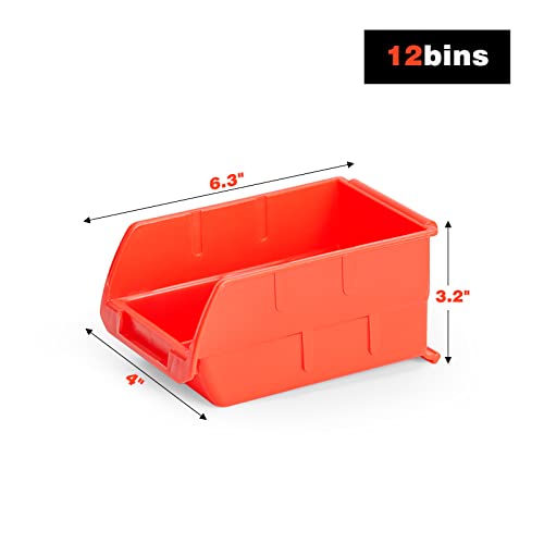 Ultrawall Wall Mounted Storage Bins, Plastic Hanging Storage Organizer Bins, Garage Tool Storage System for Screws, Nuts, Bolts, Nails, and Small Hardware Parts, 12x bins & 3 x rails, Orange - color: Orange