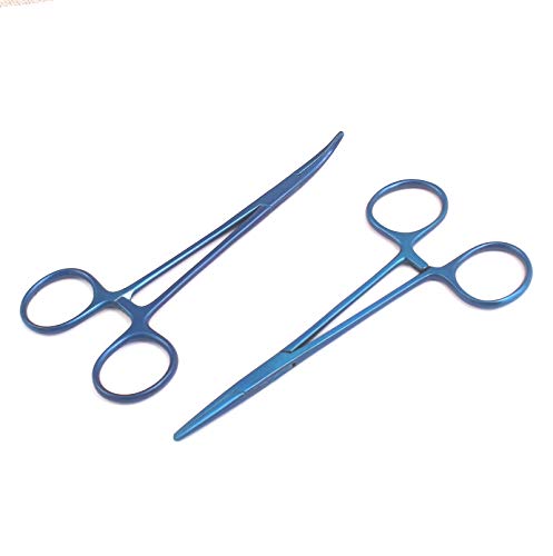 OdontoMed2011® Hemostat Forceps Locking Clamps Serrated Fishing Locking Forceps Clamp Fish Hook Remover Forceps (5" Straight & Curved, Blue) - color: Blue, size: 5" Straight & Curved