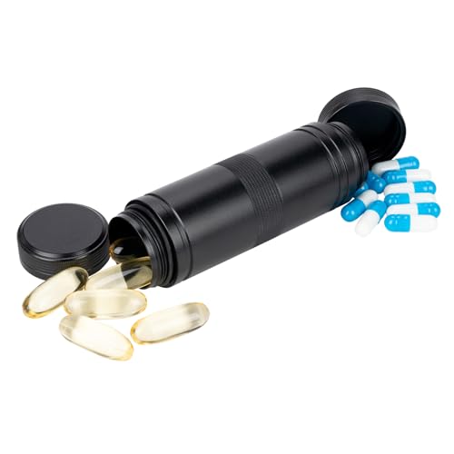 Pill Case 2 Times a Day - Portable Metal Pill Box Daily Waterproof Travel Pill Container, Pill Holder Organizer for Vitamin/Fish Oil/Supplements, 1 Pack Pill Box - color: Black, size: Small-Long