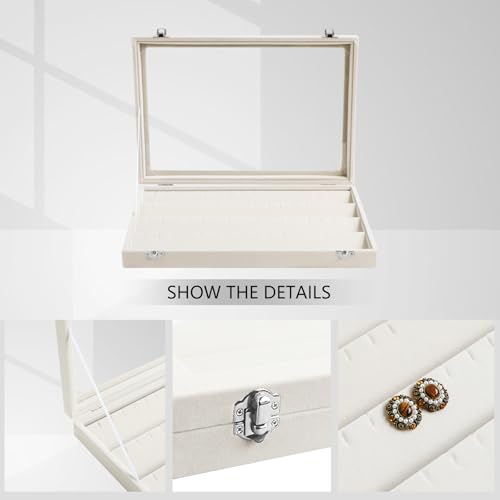 Wudygirl Jewelry Organizer Velvet Earring Organizer with Clear Lid 32 Pairs Earring Holder Jewelry Tray Display Case (Beige 64 Slot) - color: Beige, size: Earring