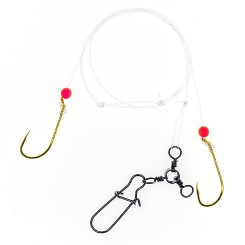 Seabass/Porgy Rig, 6-Pack Hand-Tied Double Drop Saltwater Bottom Fishing Rigs, 50lb or 40lb Mono Leader, #1#2#4 Gold Baitholder Hooks with 3-Way Swivel for Scup Fluke Snapper - size: #1 Baitholder Hooks
