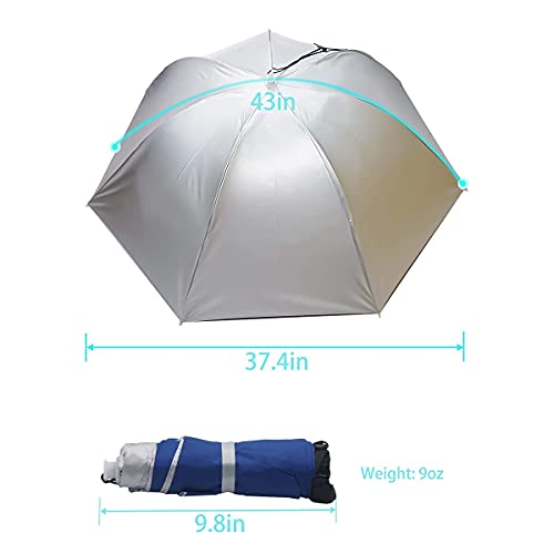 Umbrella Hat, 37 inch Fishing Umbrella Hat Hands Free Foldable UV Protection Umbrella Cap Adjustable Headwear for Fishing Golf Camping Beach Gardening Sunshade Outdoor - color: Silver-Blue(2pcs)