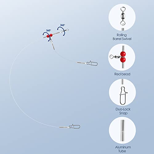 Fishing Leader Fishing Rigs, Luroad 6/12/18 Pcs Nylon-Coated Lines with Swivels Snap Beads, Stainless Steel Hooks Crimps Saltwater Freshwater for Fishing Lovers Angler, 1 Arm/ 2 Arms - color: H.1 Arm-Red-12pcs