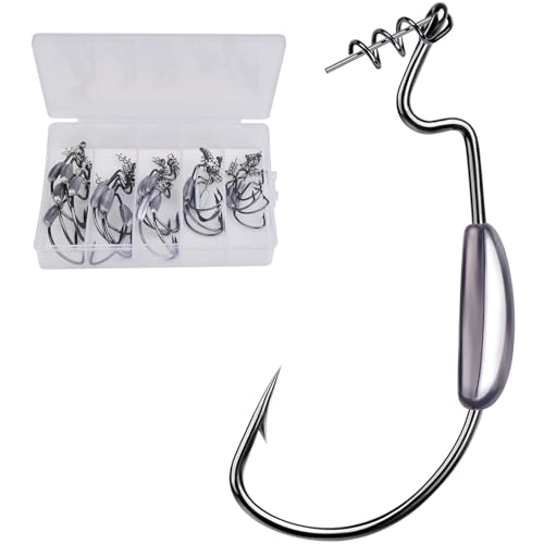 Fishing Hooks for Bass Fishing - 100pcs EWG Offset Worm Hook Texas Rig Hooks for Freshwater Saltwater Size 1/0 2/0 3/0 4/0 5/0 - Soft Lures Worms Plastics Bait Fishing Hook with Tackle Box - color: Weighted Offset Worm Hooks, size: 1/0-25pcs