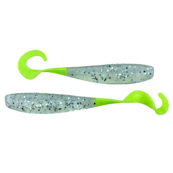 A.M. Fishing Curly Tail Jerkshad 4 Inch Soft Baits Garlic Infused,– 8 Pack – Saltwater & Freshwater Fishing Lures for Bass, Redfish, Snook, and Trout - color: Pearl Treuse