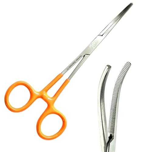 German Vinyl Grip Locking Straight & Curved Hemostat -Hemostat Forceps- Stainless Steel Locking Tweezer Clamps - Ideal Hemostats for Nurses, Fishing Forceps, Crafts and Hobby (Orange STR+CVD 6.25")
