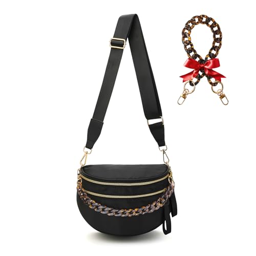 Crossbody Bags for Women, Checkered Bum Bag Crossbody, Spacious Nylon Shoulder Handbag Mom Bag (Black+Amber Chain) - color: Black+Amber Chain