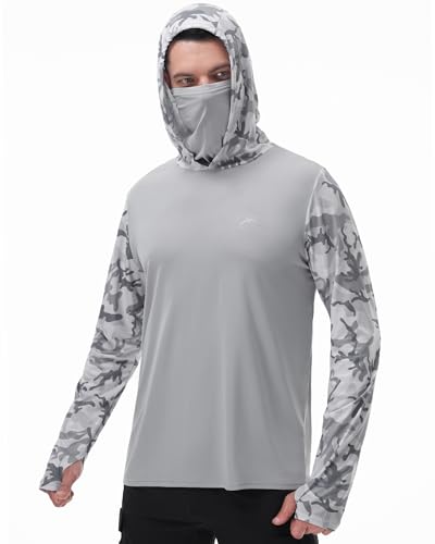 FISHEAL Men's Performance Fishing Hoodie Shirt - UPF 50+ UV Sun Protection Long Sleeve Shirts with Mesh Face Mask - color: Castle Gray Camo, size: Medium