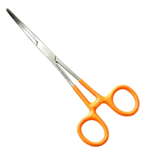 German Vinyl Grip Locking Straight & Curved Hemostat -Hemostat Forceps- Stainless Steel Locking Tweezer Clamps - Ideal Hemostats for Nurses, Fishing Forceps, Crafts and Hobby (Orange STR+CVD 6.25")