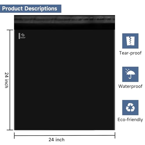 KKBESTPACK BLACK 24x24 200 PCS Large Poly Mailers Shipping Bags for Small Business – Self Sealing Package Envelopes - color: Black, size: 24" x 24" 200pcs