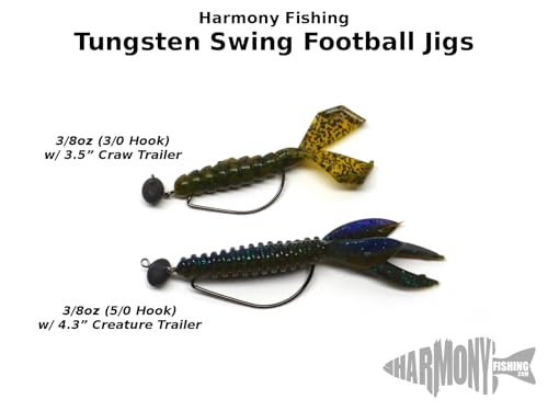 Harmony Fishing - Tungsten Swing Football Jigs [Pack of 3 w/ 10 Bait Pegs] (Swinging Football/Rugby jigs with Hooks for bass Fishing) - size: 3/8 oz, 3/0 Hook (3 Pack)