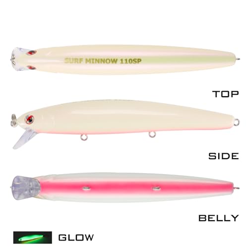 LITTMA California Surf Fishing Lures Saltwater Jerkbait Crankbait Surf Minnow 110/125 - Metallic Sardine Super Glow & Pearl Pink Belly Glow Lures for Halibut & Striper Fishing - color: Pearl Pink Belly (Super Glow), size: 110mm - 5/8oz
