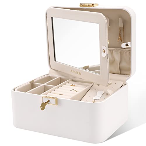 KAMIER Travel Jewelry Box, 2 Layers PU Leather Portable Jewelry Organizer, Large Capacity, Double Lock and Large Mirror, Hidden Necklace Hooks, Removable Dividers, Gift Box Packaging, White - color: White, size: mirror