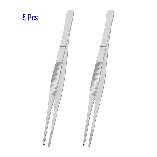 2 PCS 5 Inch Stainless Steel Tweezers, with Straight Round Blunt Serrated Tip, 3/64 Inch Thickness Stainless Steel, Multipurpose Daily Garden Home Lab Craft Repairing Tool - size: 5"L(3/64"T)