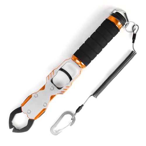 Ghosthorn 11" Aluminum Alloy Fish Lip Gripper with Scale - 40lbs Saltwater Fishing Grabber Tool, 360° Swivel Non-Slip Handle, Corrosion-Resistant Fish Holder for Caught Fish, Fish Control Tackle - color: Orange