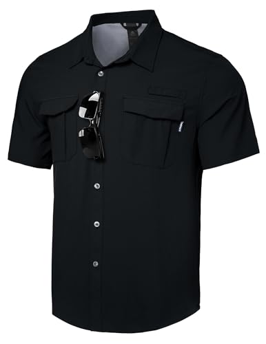Haimont Men's UPF 50+ Short Sleeve Hiking Button Down Shirt | Quick-Dry Stretch, Mesh Back Vents, Rod Holder & Sunglasses Loops, Outdoor & Travel - color: Black, size: Small