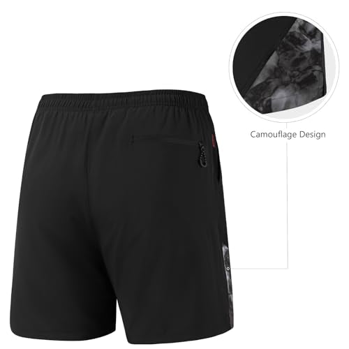 BASSDASH Men’s 7” Fishing Shorts UPF 50+ Lightweight Water Resistant Quick Dry for Hiking with Zipper Pocket FP06M - color: Black/Splash Black, size: Small