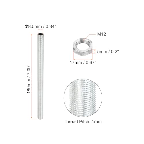 PATIKIL M12 Thread 7.09" Lamp Pipe Kit with Lock Nuts, 3 Set All Thread Rods Fasteners Hardware for Chandelier Ceiling Light DIY, Zinc Plating - size: 7.09"