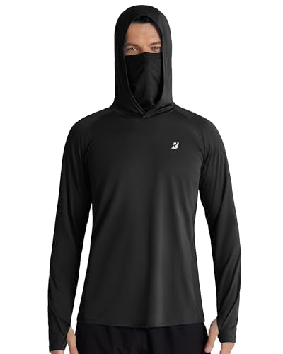 Roadbox Men's UPF 50+ Hooded Fishing Shirts Long Sleeve Sun Protection Hoodie, Hiking Running Swimming Rash Guard with Mask - color: Black, size: Large