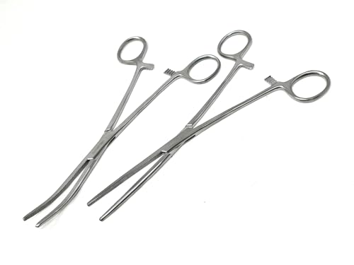 2 Pc 8" Locking Straight & Curved Stainless Steel Hemostat Forceps Set Ideal for EMT, Firefighter, Dental, Hobby, Fishing, Electronics, Pruning, Taxidermy + More