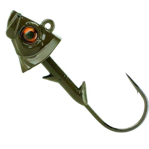 Reaction Tackle Swimbait Jig Heads with Weighted Hook - Realistic Fish Head Lures for Bass and Walleye - Soft Plastic Swimbait Heads for Freshwater and Saltwater (5-Pack) - color: Green Pumpkin, size: 1/4 Oz