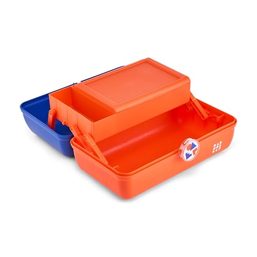 Caboodles School Spirit On-The-Go Girl Makeup Box, Blue Over Orange, Hard Plastic Makeup Organizer Box, Built-In Mirror, Secure Latch for Safe Travel, Spacious Storage for Large Items - color: Blue Orange School Spirit
