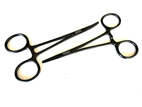 Hemostat Curved and Straight Hemostat Forceps Piercing Pliers Forceps, Stainless Steel Straight and Curved Pliers, Fishing Tweezer Hemostats (Black, 2 Pcs)