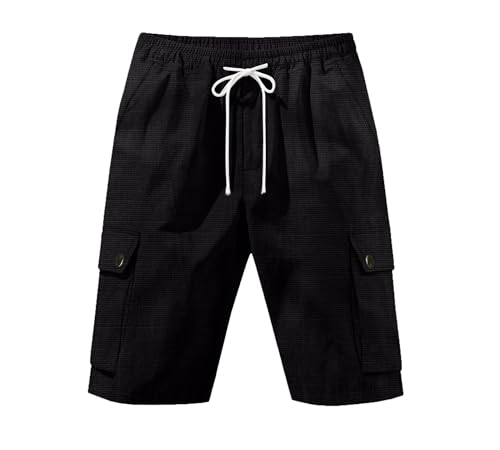 Mens Casual Linen Cargo Shorts Summer Fashion Solid Color Drawstring Elastic Waisted Beach Shorts Pockets - color: Black, size: XX-Large