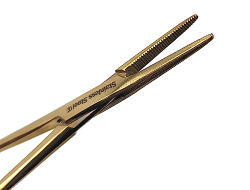 Mosquito Hemostat Locking Forceps 5" Straight with Full Serrated Jaws Ideal for Clamping, Fishing, Firefighters Nurses Doctors + More (Full Gold) - color: Full Gold