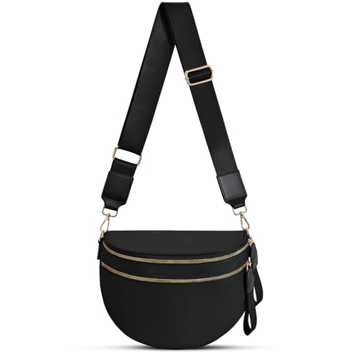 Checkered Nylon Crossbody Bag Bum Bag for Women Mom Large Checkered Fanny Packs with Adjustable Strap - color: Black