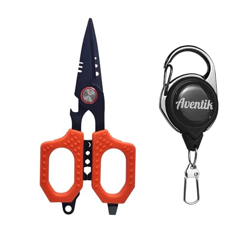 Eupheng Multifunction 4.7" Pro Fishing Scissors,Dual Serrated Blades Titanium-Coated Fishing Shears with Zinger Retractor Clip,Compatible with Braided Line,Mono and Fluorocarbon - style: 4.7in Red Scissors + Black Zinger
